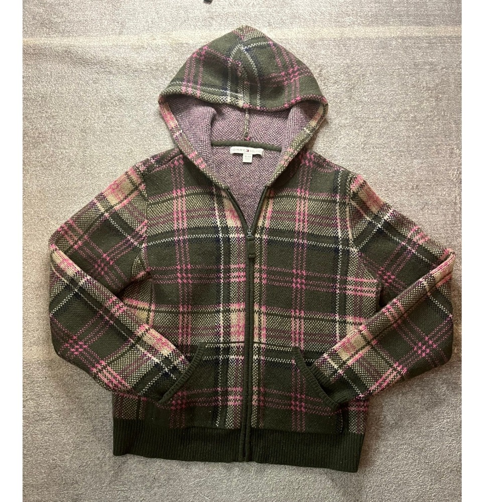 Tommy Hilfiger 100% Lambswool Plaid Zip Up Hooded Sweater Green Pink XL Cozy